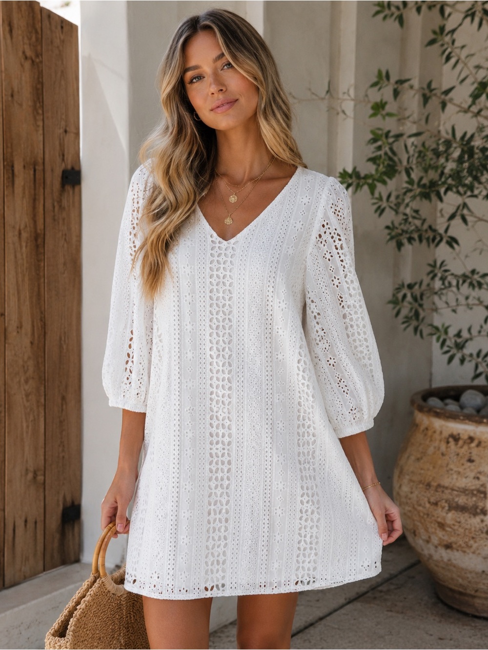 EVEREVE White Eyelet Embroidered Mini Dress Size Small